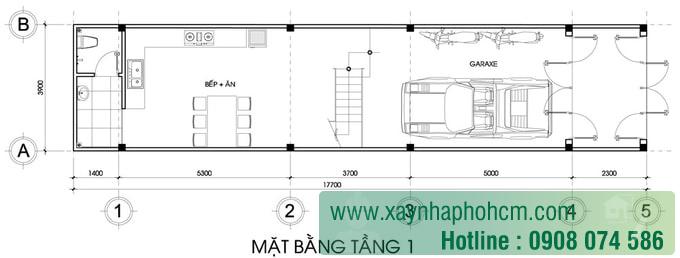 Mẫu thiết kế nhà 3 tầng 4x17 Bản vẽ tầng 1 Mẫu thiết kế nhà có tum