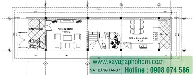 Mẫu thiết kế nhà 3 tầng 4x17 Bản vẽ mẫu thiết kế tầng 1